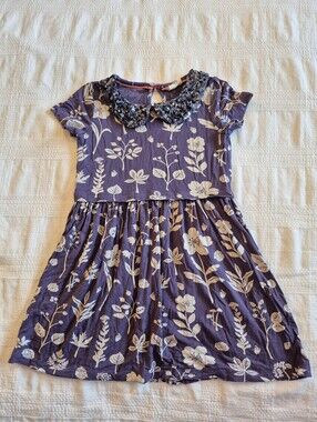 Mini Boden girls 3-4 years purple sequin collar dress leaves acorns flowers